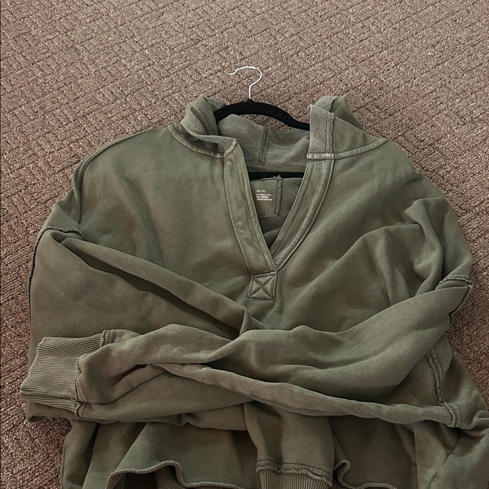 aerie Washed Olive V-Neck Pullover Hoodie